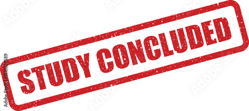 A red distressed rectangular rubber stamp icon displaying the phrase Study Concluded with a grunge effect, angled for final status indication