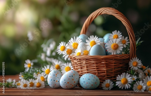 Colorful Decorated Eggs in a Basket With Flowers on a Wooden Table