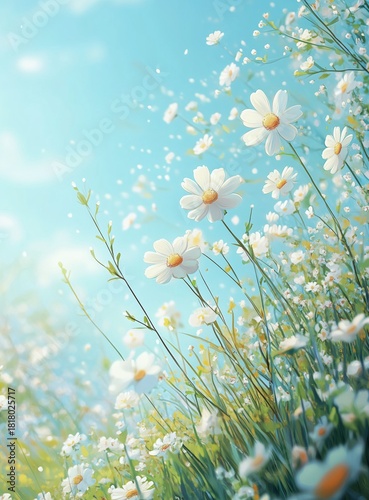 Scenic Meadow Filled With White Flowers Under a Bright Sky in the Countryside