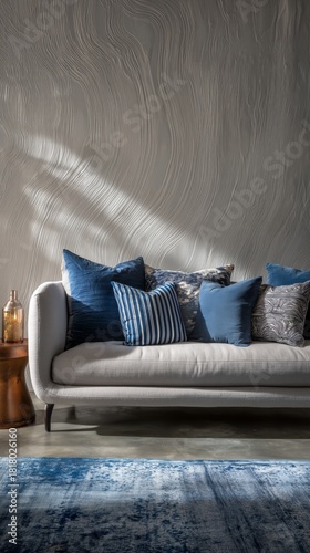 Cozy Modern Living Room With Blue Cushions and Textured Wall in Warm Afternoo...