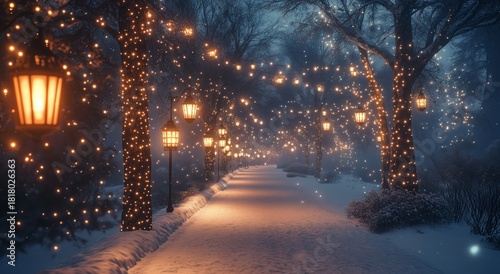 Winter Night Pathway Illuminated by Glowing Lanterns and Holiday Lights