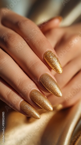 Perfectly Manicured Hands With Stunning Gold Glitter Nail Polish in Soft Ligh...