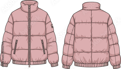 cad drawing flat vector illustration, puffer jacket front back view, fashion technical sketch, quilted outerwear design, apparel template**