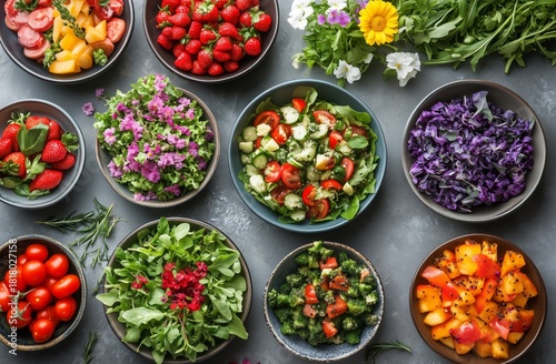 Fresh Salad Ingredients Arranged in Colorful Bowls on a Grey Table