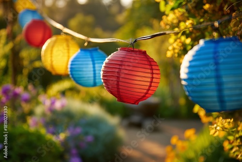 Colorful Lanterns Hanging in a Garden During Sunset Create a Warm and Invitin...