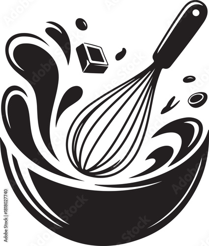 Whisk mixing rich chocolate batter in a bowl with dynamic splashes