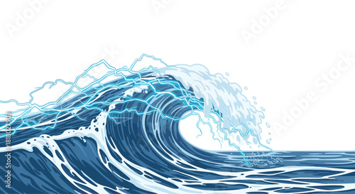 Powerful Ocean Wave Crashing with White Foam and Blue Water, Generative AI