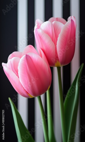 Beautiful Pink Tulips Against a Modern Black and White Background in a Bright Indoor Setting