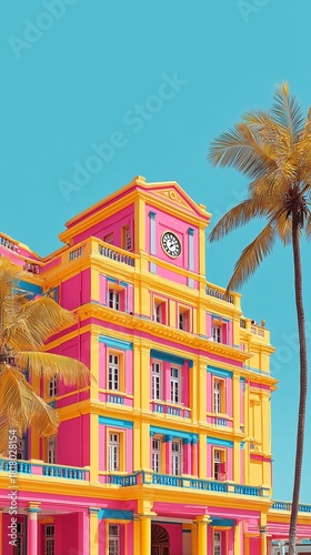 Bright Pink and Yellow Building With Palm Trees Near Clear Sky on Sunny Day i...