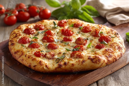 Delicious Tomato and Cheese Pizza Baked to Perfection on a Dark Stone Plate