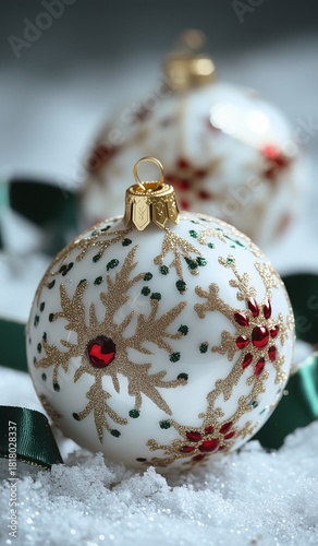 Decorative White Christmas Ornaments With Gold and Red Patterns on a Snowy Su...
