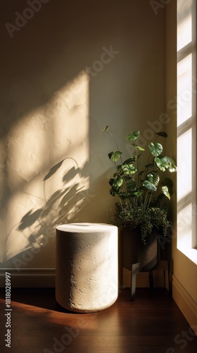 Sunlight Illuminating a Minimalist Corner With a Plant and Stone Stool