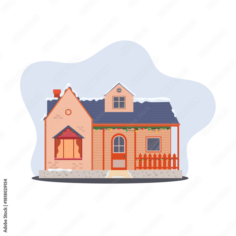Fototapeta premium Christmas house illustration with snow. Winter season house scene.