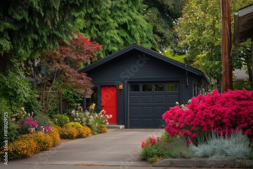 Vibrant Spring Garden Surrounding a Stylish House With a Bright Red Garage Door