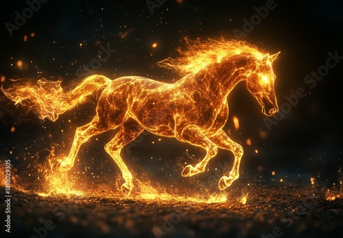 Majestic Fiery Horse Gallops Through Dark Landscape With Swirling Flames and ...