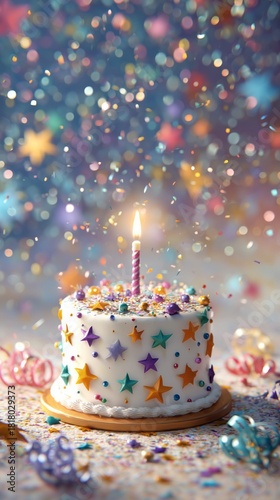 Colorful Birthday Cake With a Candle Surrounded by Star-Shaped Decorations an...