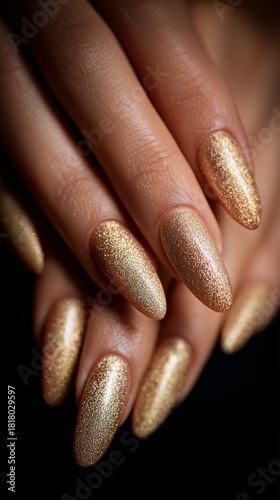 Elegant Rose Gold Glitter Nails Showcased on a Hand With a Blurred Background...