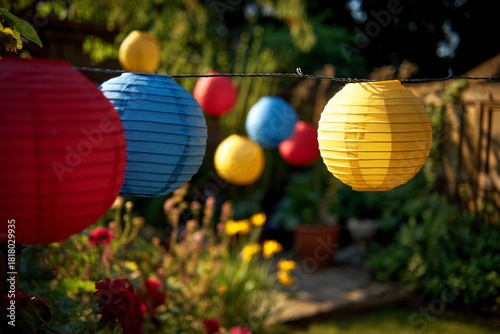 Colorful Lanterns Create a Festive Atmosphere in a Garden During a Summer Eve...