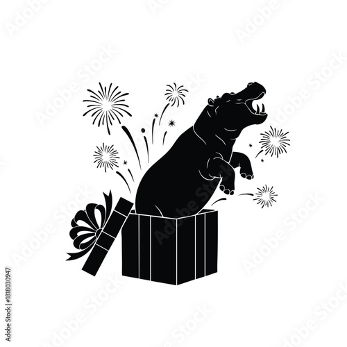 Happy new year 2026 hippopotamus silhouette jumping from gift box
