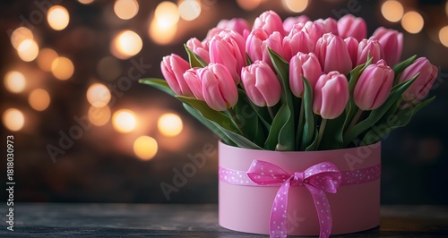 Vibrant Pink Tulips in a Striking Black and White Striped Backdrop