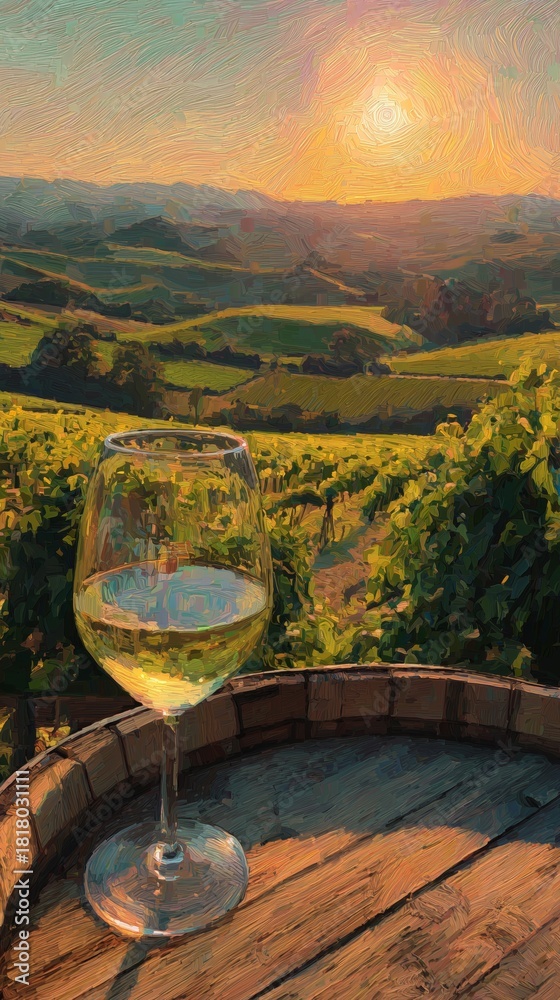 Fototapeta premium Sunset Over Vineyards With a Glass of White Wine on a Wooden Barrel