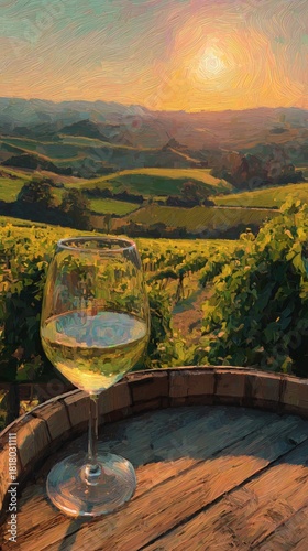 Sunset Over Vineyards With a Glass of White Wine on a Wooden Barrel