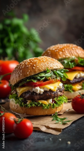 Delicious Cheeseburger With Fresh Toppings Served on Wooden Table