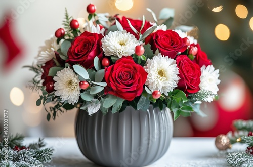 Festive Bouquet of Red Roses and White Daisies With Holiday Decorations in th...