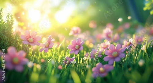 Beautiful Blooming Pink Flowers in a Vibrant Green Field During Golden Hour