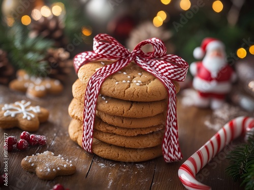 Festive Cookies Stacked With Ribbons and Candy Canes on a Wooden Table During...