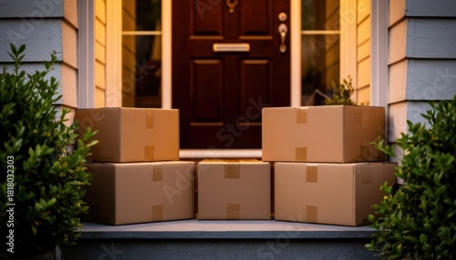 Fototapeta Naklejka Na Ścianę i Meble -  Cardboard delivery boxes stacked at front door, illustrating e-commerce shopping and doorstep delivery convenience. Online order shipment.