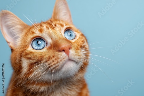 Bright-eyed Orange Tabby Cat With Striking Blue Eyes Against a Light Blue Bac...