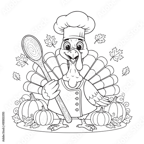 Cartoon chef turkey with a large spoon and pumpkins for Thanksgiving coloring Keywords: turkey, chef, cook, cooking, spoon, ladle, hat, chef hat