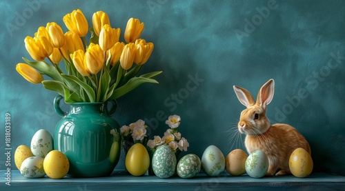 Spring Decor Featuring Yellow Tulips, Easter Eggs, and a Bunny by a Green Wall