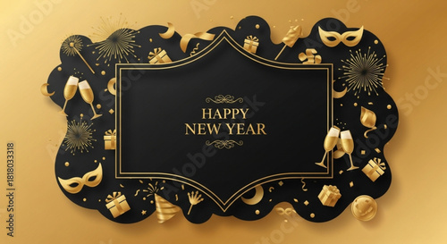 A luxurious black and gold background with a central frame containing "Happy New Year" text, surrounded by gold celebratory icons like champagne glasses, masks, fireworks, and gifts.