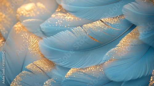 Colorful Blue Feathers With Golden Accents Arranged Artistically on a Flat Su...