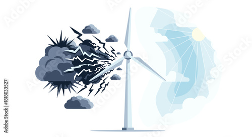 Wind turbine facing storm and clear sky energy transition concept, Generative AI