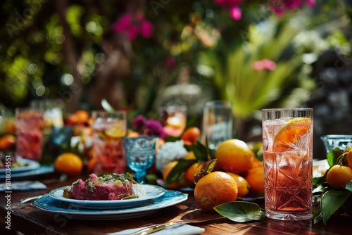 Colorful Summer Brunch With Fresh Fruits and Refreshing Drinks in a Vibrant G...