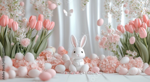 Spring Celebration With Bunny and Colorful Flowers in Bright Decor