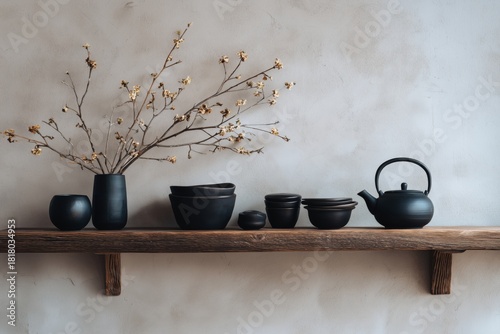 Black Ceramic Tea Set and Branches Displayed on a Wooden Shelf in a Minimalis...