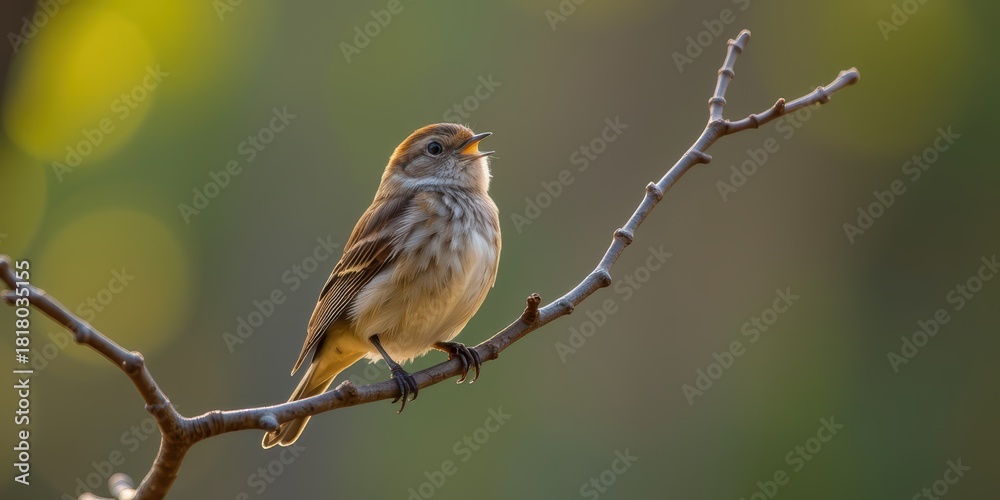Fototapeta premium Bird perched on a branch, singing in a natural setting.