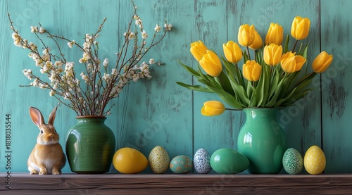 Spring Decor Featuring Yellow Tulips, Easter Eggs, and a Bunny by a Green Wall