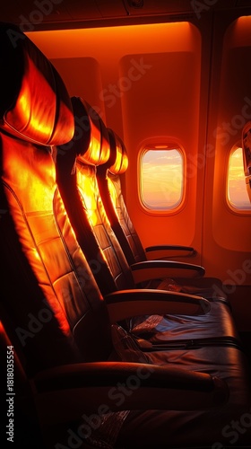 Warm Sunset Light Fills an Empty Airplane Cabin With Orange Hues and Cozy Pil...