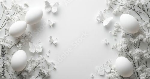 Decorative White Eggs and Butterflies Arranged on a Clean Surface for Spring ...