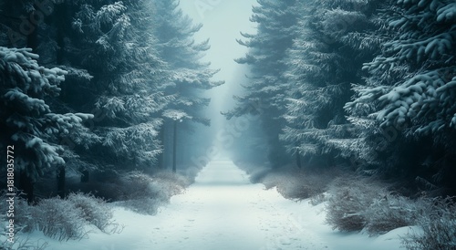 Snowy Forest Path Leads Into Misty Trees on a Cold Winter Morning