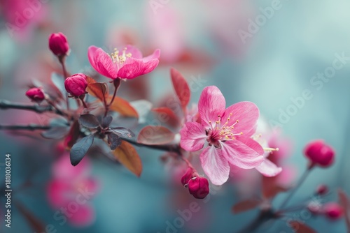 Bright Pink Blossoms Bloom on Branches in a Serene Garden During Springtime A...