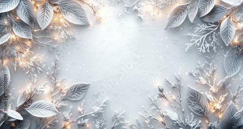 Winter Holiday Decoration With Frosted Leaves and Lights on a Snowy Background