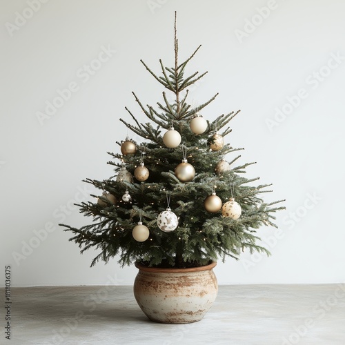 Elegant Christmas Tree With Gold Ornaments in a Simple Pot