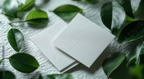 Blank White Cards on Textured Background Surrounded by Fresh Green Leaves