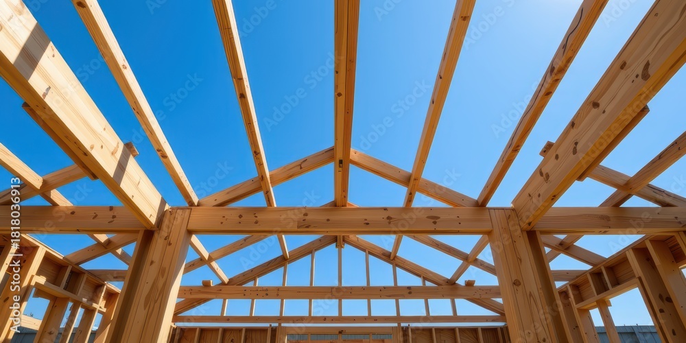 Obraz premium Wooden beams forming a structure under a clear blue sky.